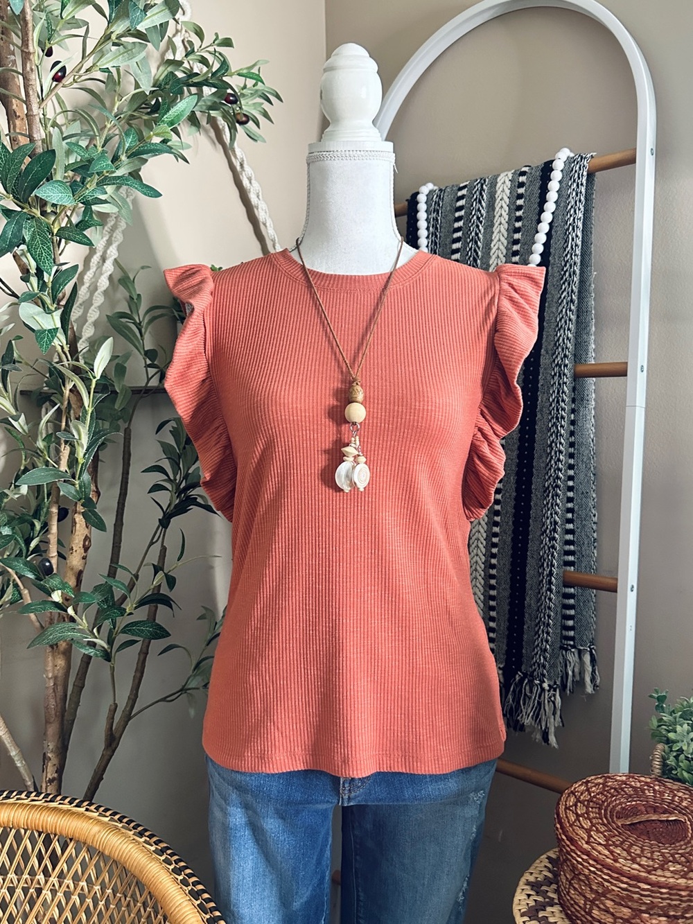 Grace + Karma Rust Burnt Orange Ribbed Flutter Sleeve Top Small Fall Boho